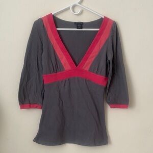 Gray and Pink V-Neck Women's Top